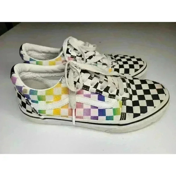 VANS Other - Vans Ward Rainbow Checkered Black White Multi Canvas Missy Sneakers Size 3